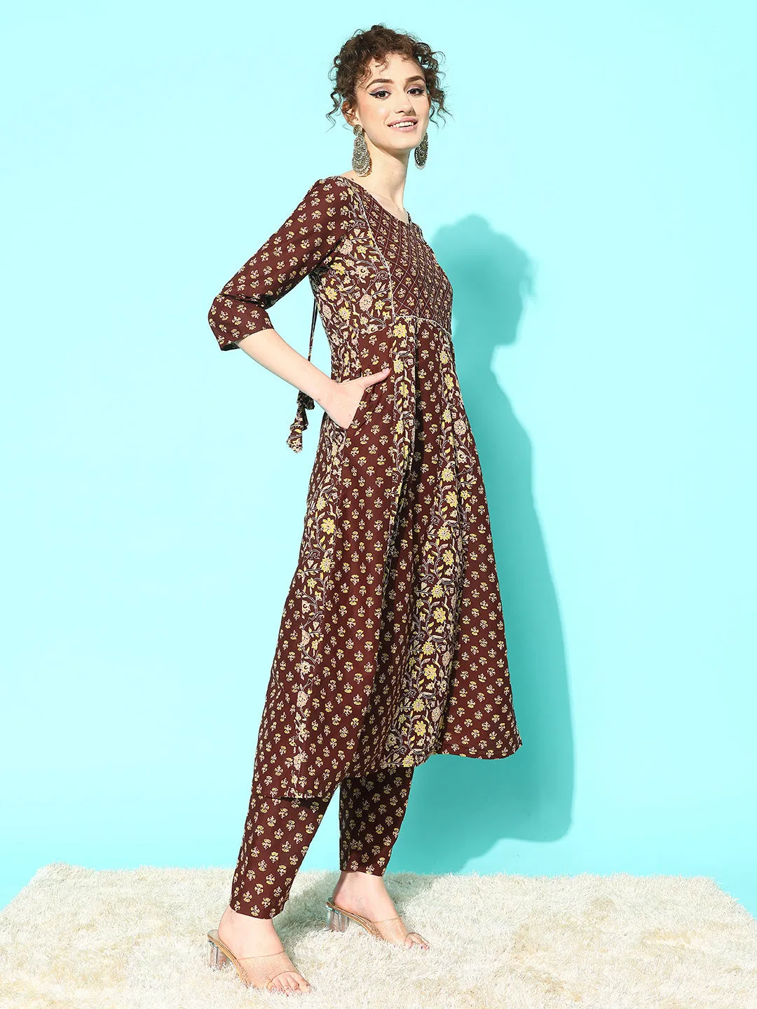 Women Brown Ethnic Printed Anarkali Kurta With Trouser And Dupatta