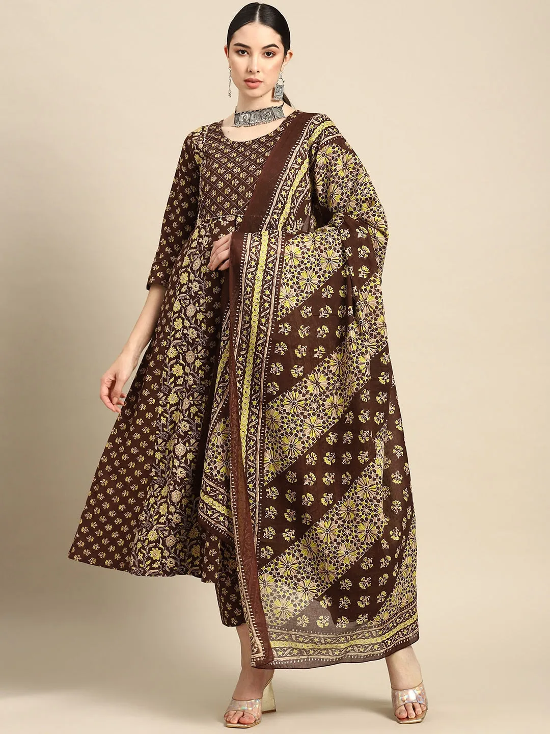 Women Brown Ethnic Printed Anarkali Kurta With Trouser And Dupatta