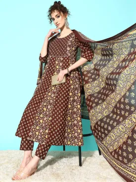 Women Brown Ethnic Printed Anarkali Kurta With Trouser And Dupatta