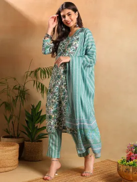 Women Green Poly Rayon Floral Printed Straight Kurta Trousers With Dupatta