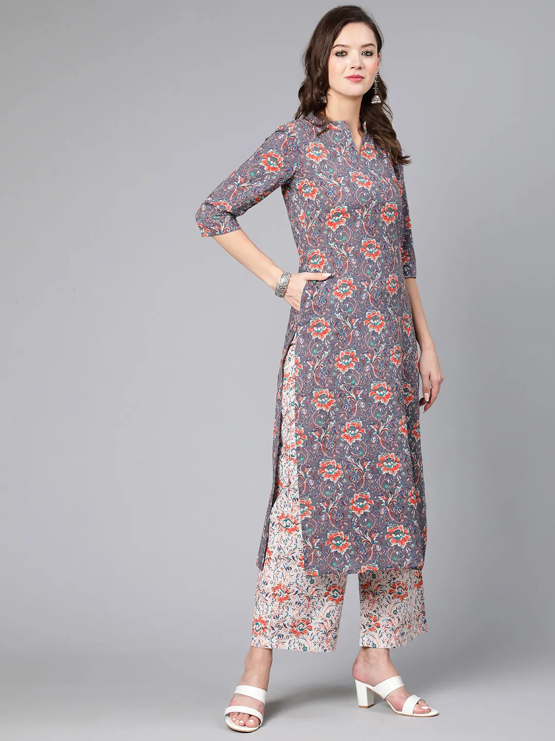 Women Grey Ethnic Printed Straight Kurta With Palazzo And Dupatta