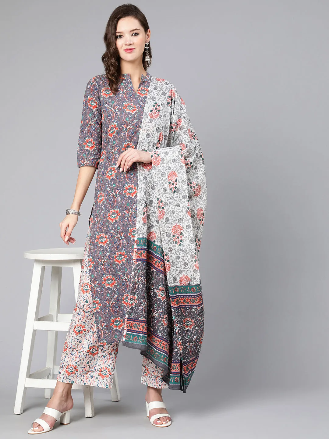 Women Grey Ethnic Printed Straight Kurta With Palazzo And Dupatta