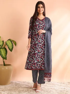 Women Grey Rayon Blend Floral Printed Straight Kurta Trouser With Dupatta