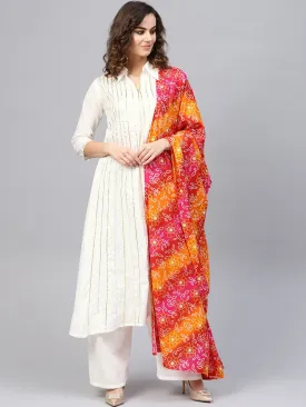 Women Off-White & Pink Striped Kurta With Palazzos & Dupatta