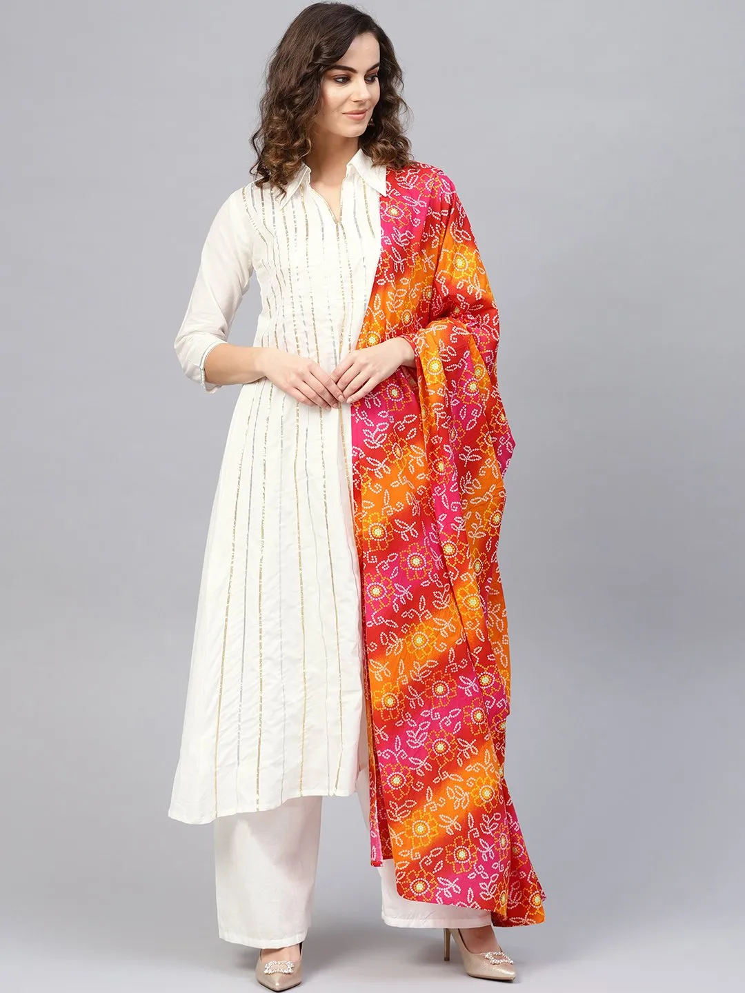 Women Off-White & Pink Striped Kurta With Palazzos & Dupatta