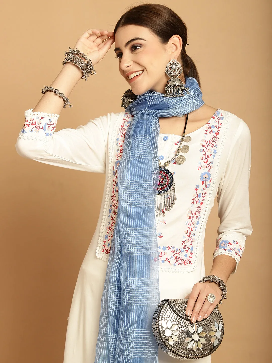 Women Off White Rayon Trouser Dupatta Set