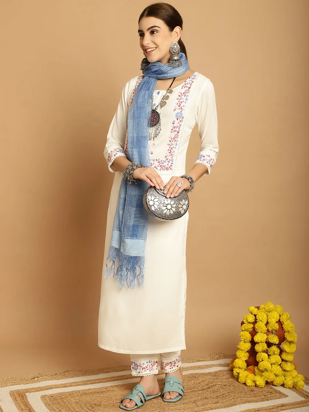 Women Off White Rayon Trouser Dupatta Set