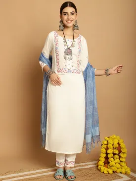 Women Off White Rayon Trouser Dupatta Set