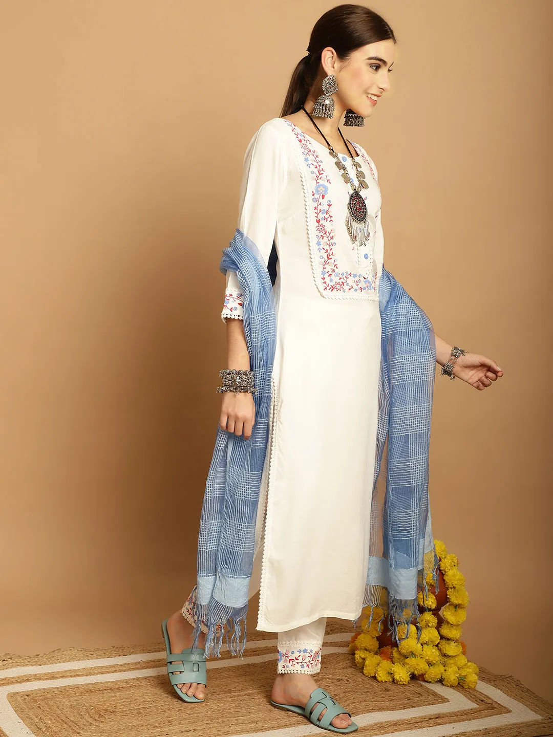 Women Off White Rayon Trouser Dupatta Set