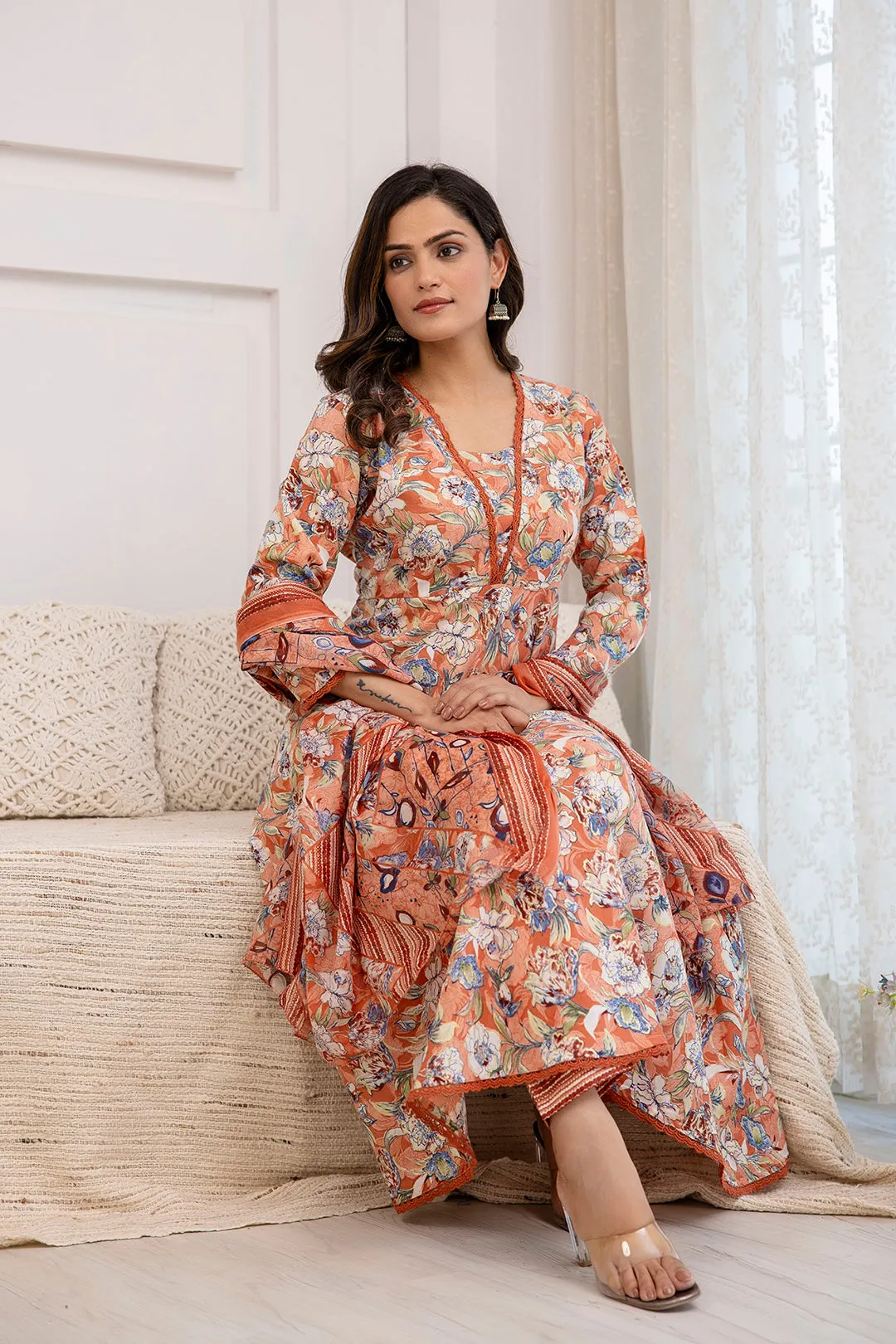 Women Peach Floral Printed Anarkali Kurta And Trouser With Dupatta