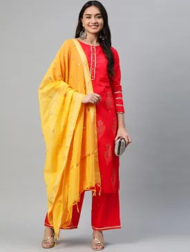 Women Red Floral Regular Pure Cotton Kurta With Palazzos & With Dupatta