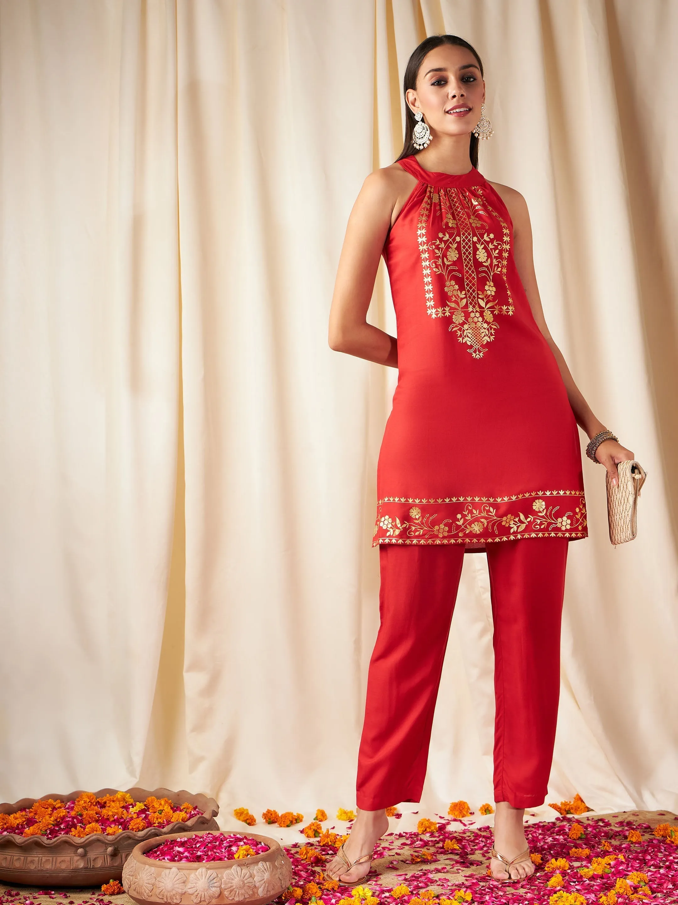 Women Red Foil Print Halter Neck Kurta With Pants