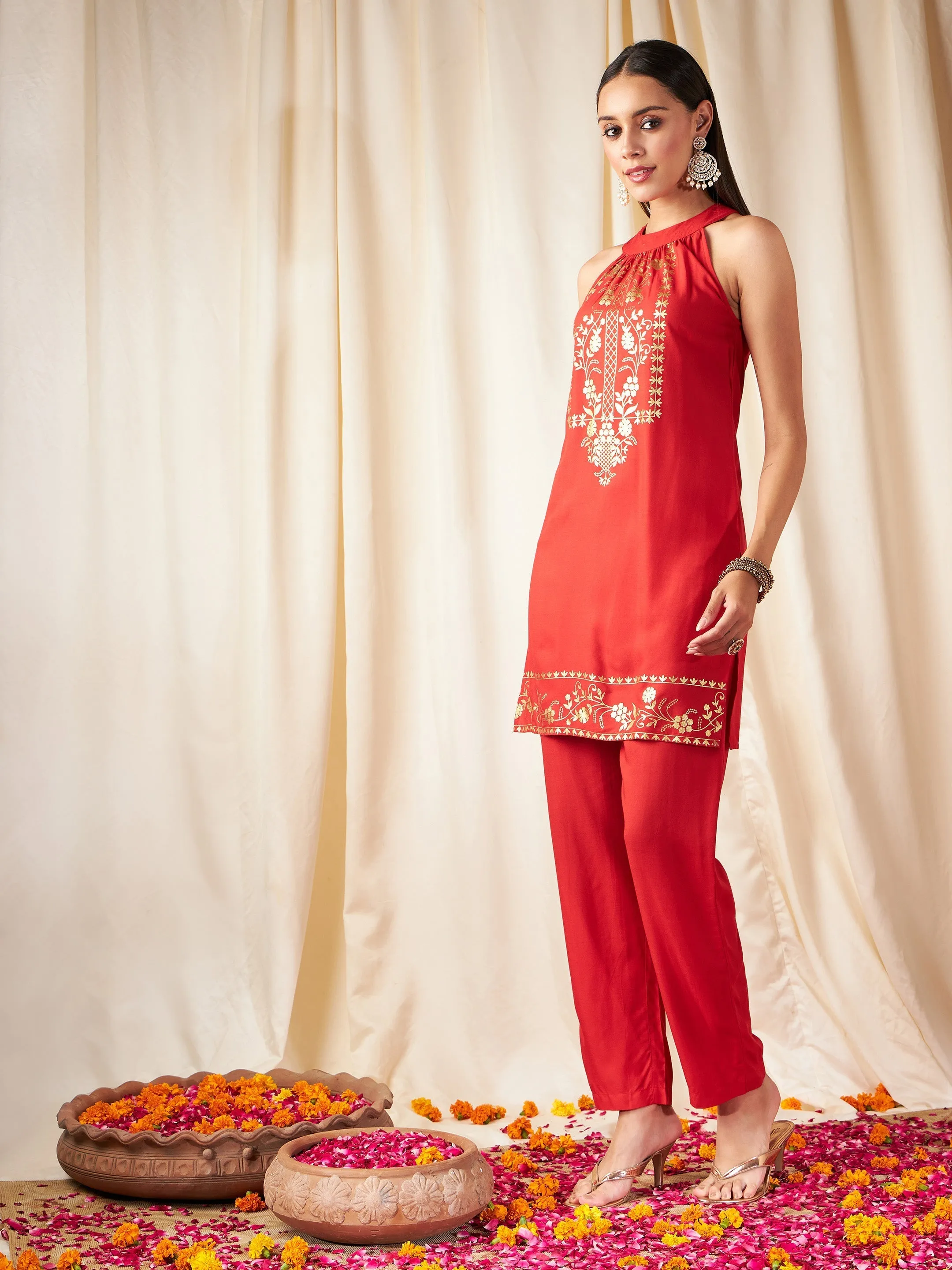 Women Red Foil Print Halter Neck Kurta With Pants