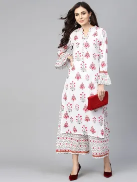 Women White & Pink Printed Kurta With Palazzos