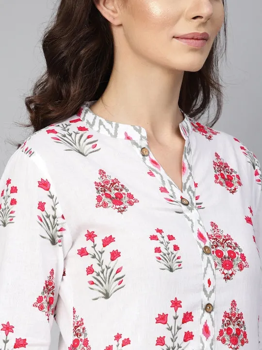 Women White & Pink Printed Kurta With Palazzos