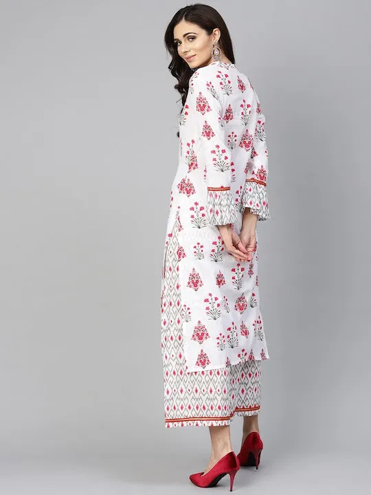 Women White & Pink Printed Kurta With Palazzos