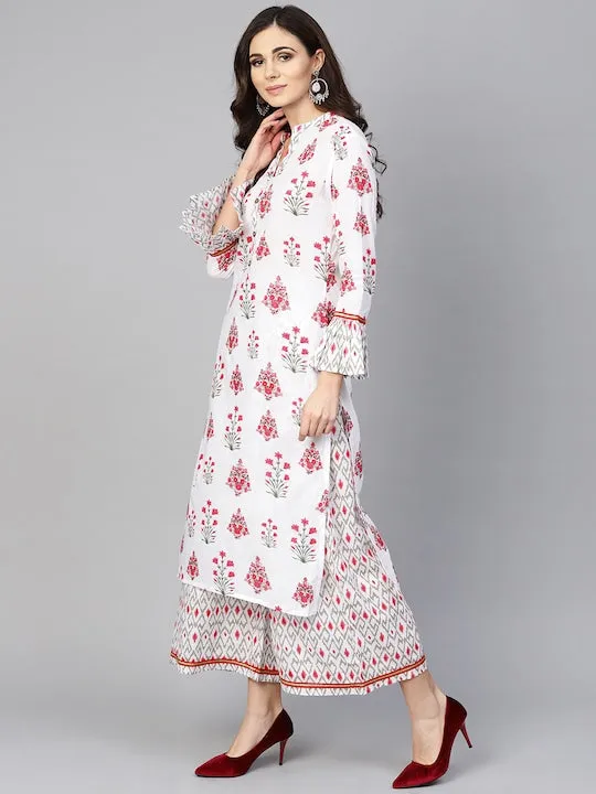 Women White & Pink Printed Kurta With Palazzos