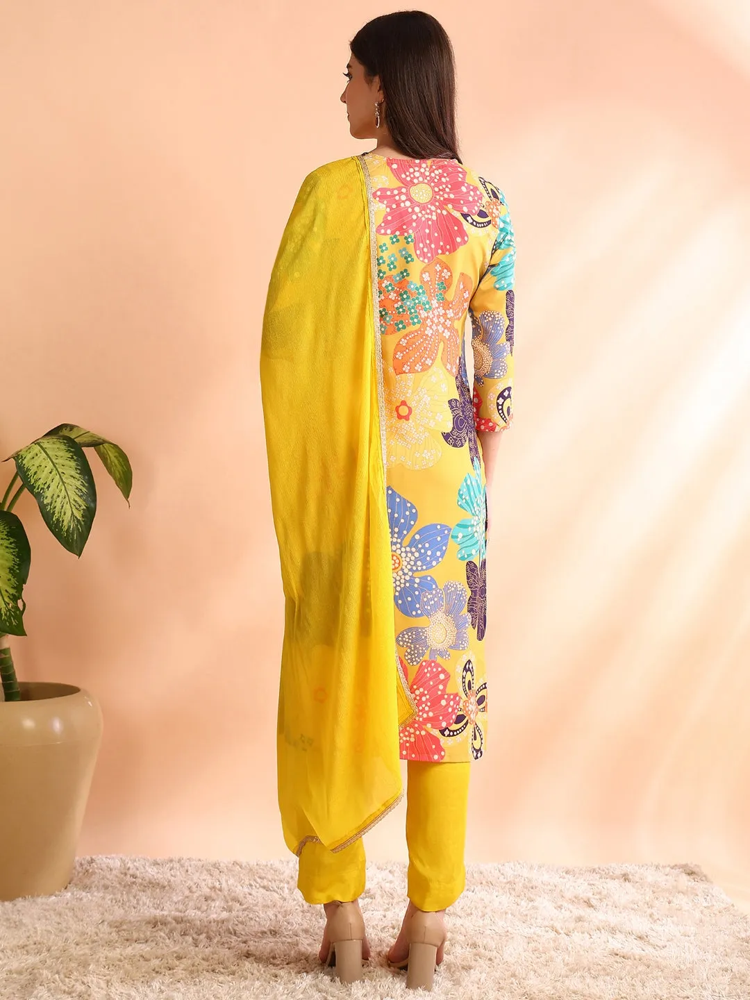 Women Yellow Cotton Blend Floral Printed Straight Kurta Trouser With Dupatta