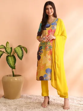 Women Yellow Cotton Blend Floral Printed Straight Kurta Trouser With Dupatta