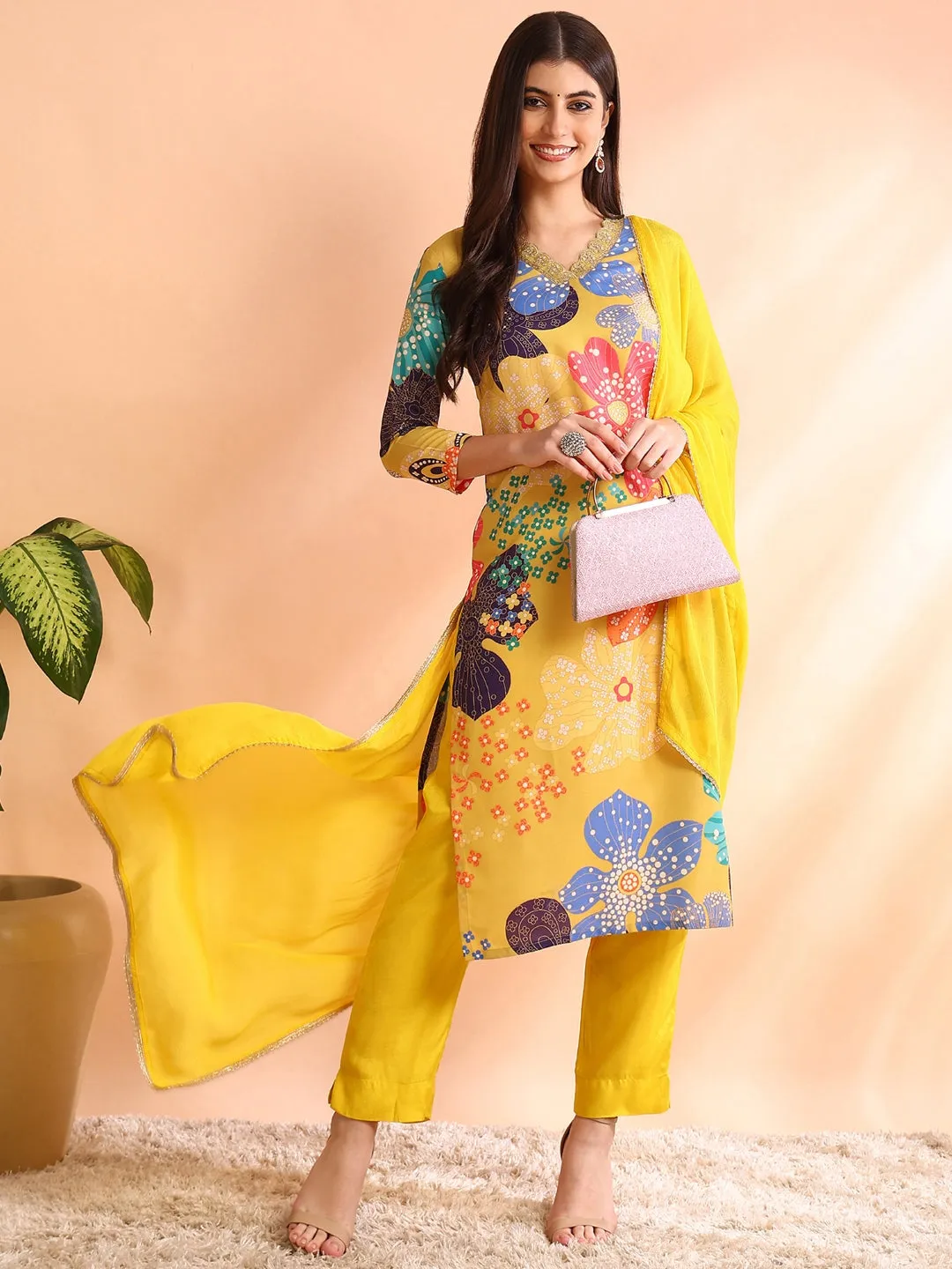 Women Yellow Cotton Blend Floral Printed Straight Kurta Trouser With Dupatta