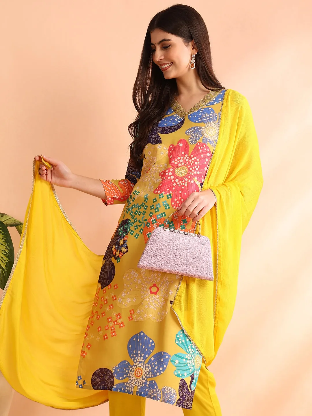 Women Yellow Cotton Blend Floral Printed Straight Kurta Trouser With Dupatta