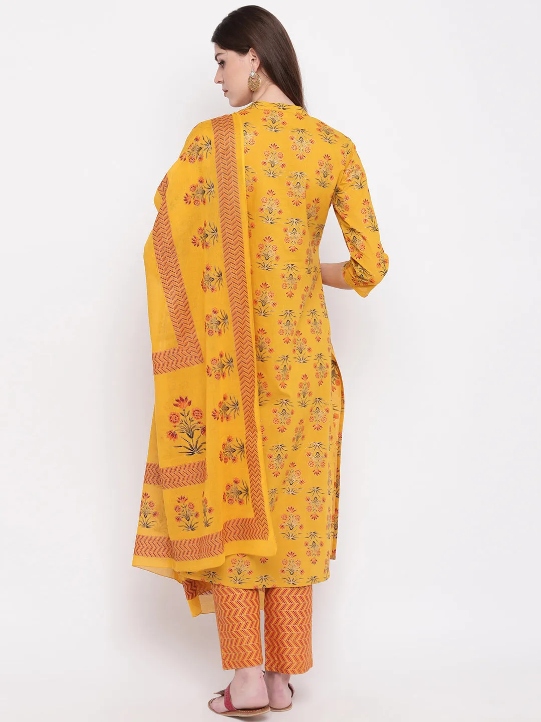 Women Yellow Cotton Kurta With Palazzo & Dupatta (3Pcs Set)