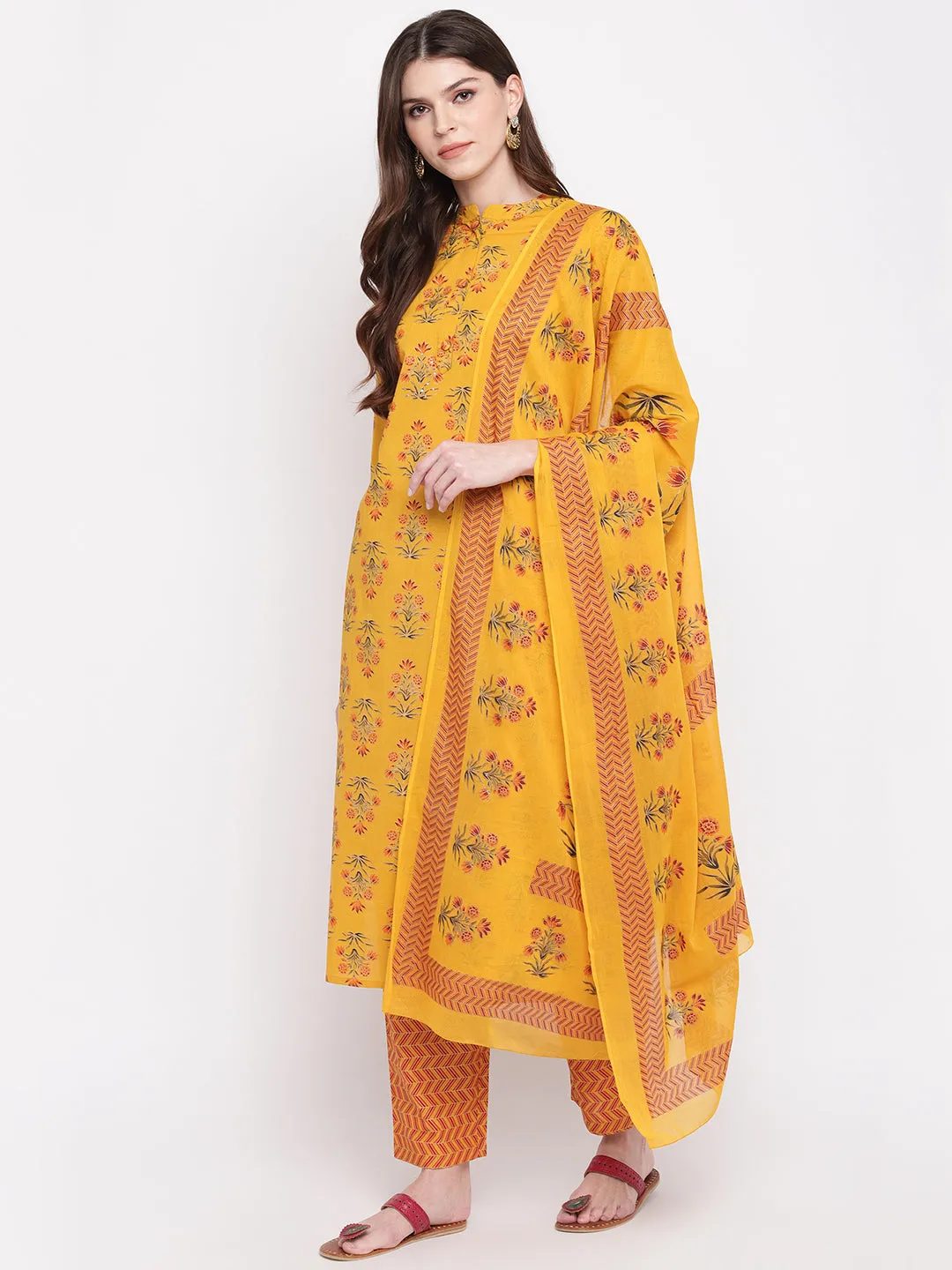 Women Yellow Cotton Kurta With Palazzo & Dupatta (3Pcs Set)