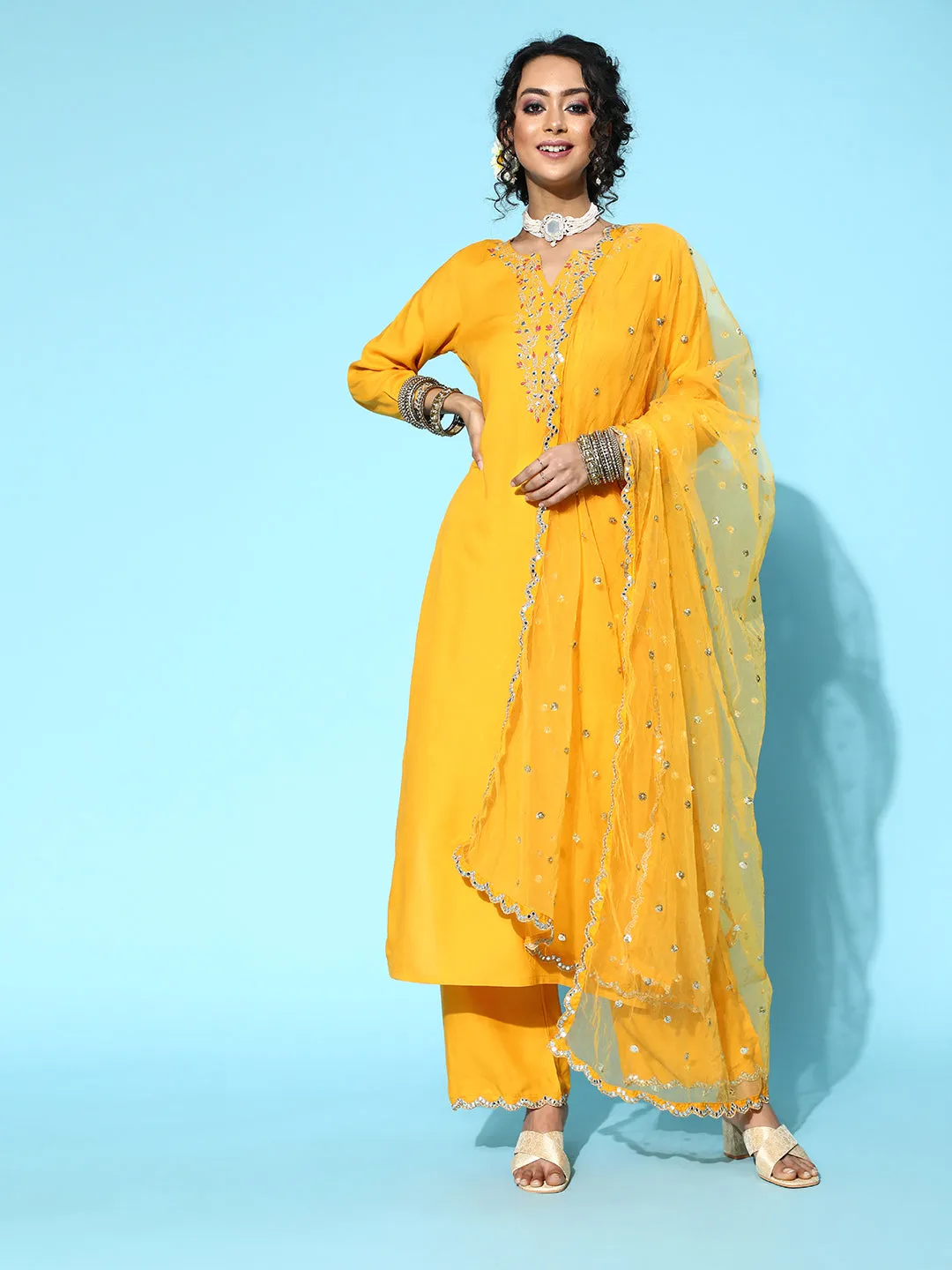 Women Yellow Embroidered Straight Kurta With Plazo & Dupatta