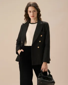 Women's Black Double-breasted Tweed Blazer