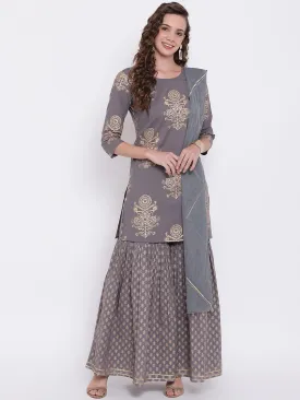 Women'S Grey Foil Print Cotton Sharara Set With Net Dupatta Plus Size