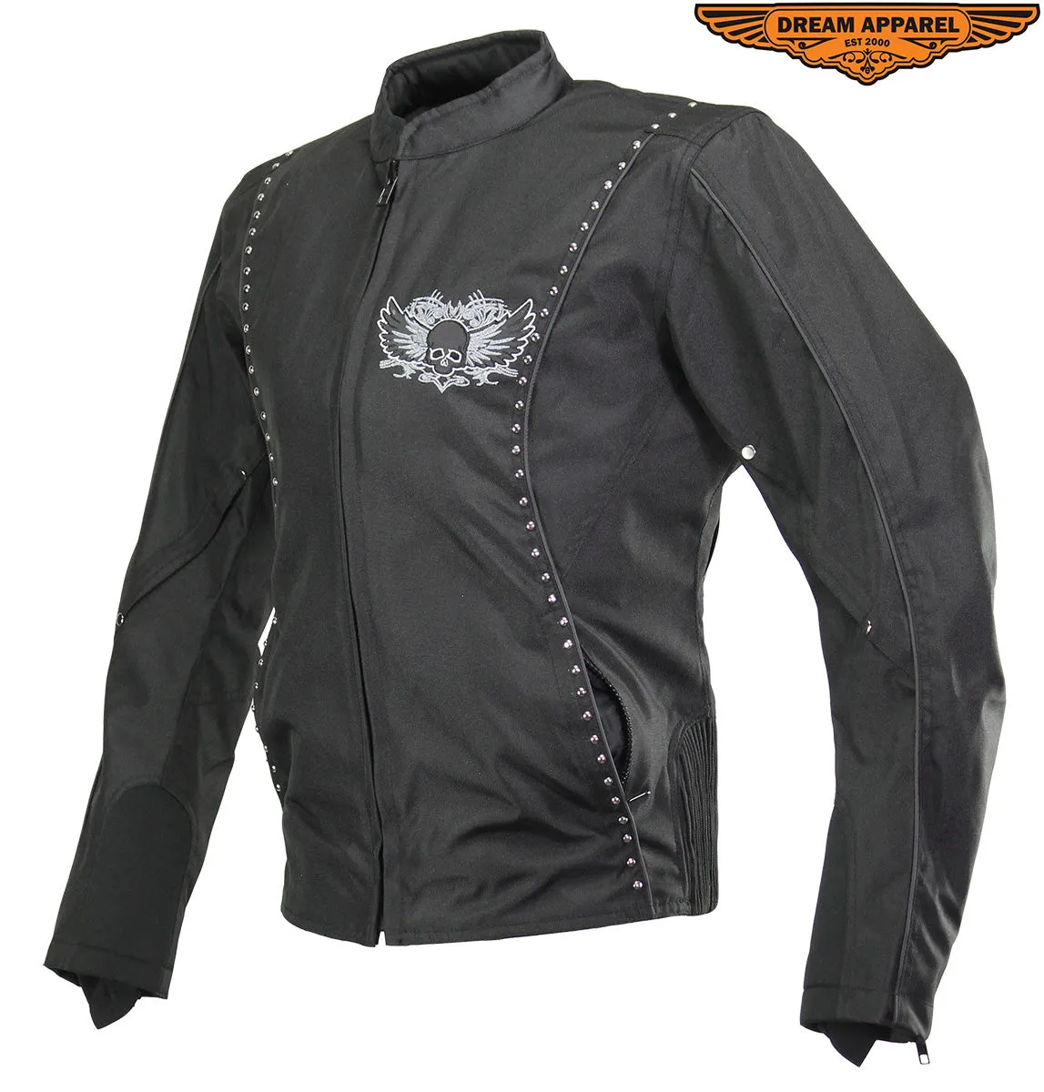 Women's Studed Motorcycle Textile Jacket With Grey Hoodie & Sull & Wings