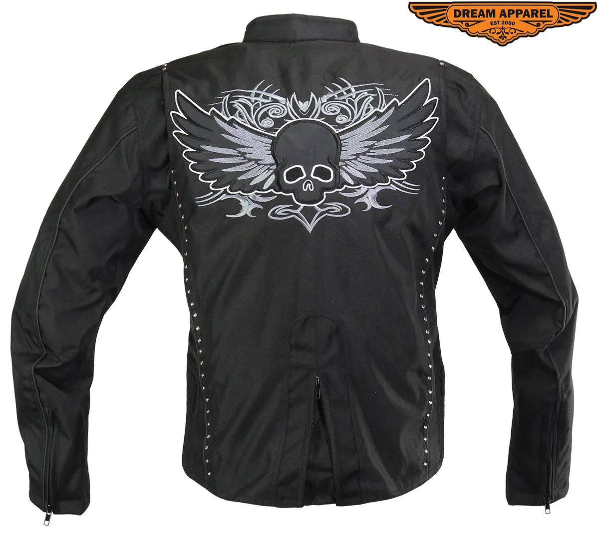 Women's Studed Motorcycle Textile Jacket With Grey Hoodie & Sull & Wings