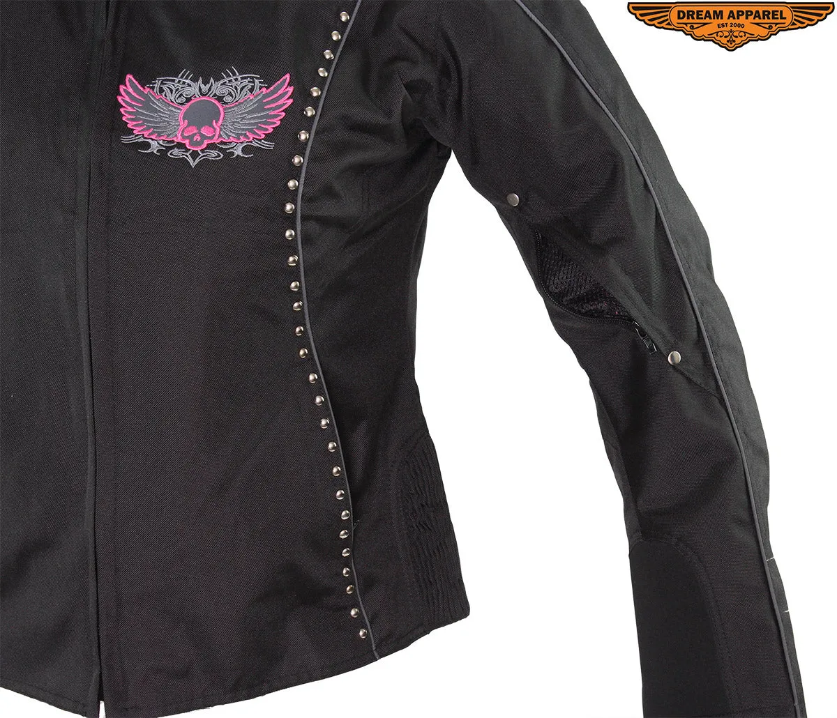 Women's Studed Motorcycle Textile Jacket With Pink Hoodie & Sull & Wings