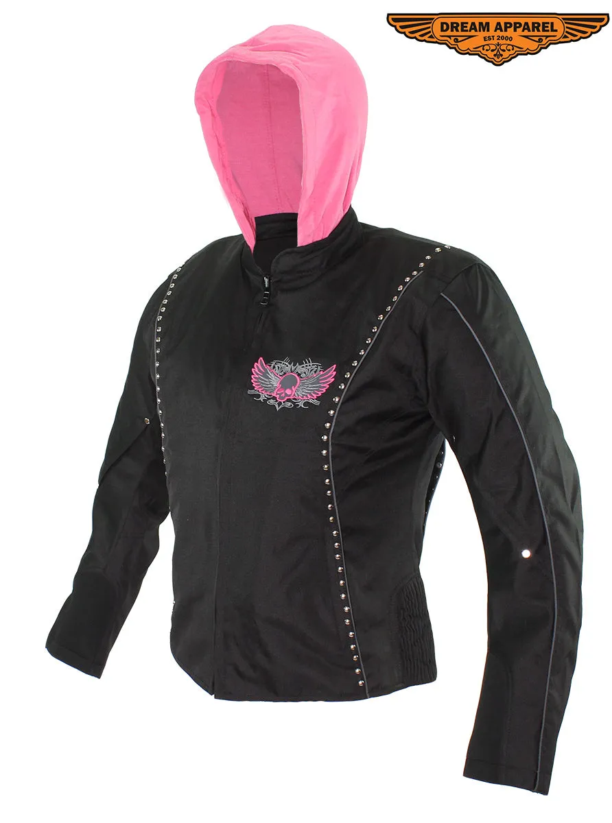 Women's Studed Motorcycle Textile Jacket With Pink Hoodie & Sull & Wings