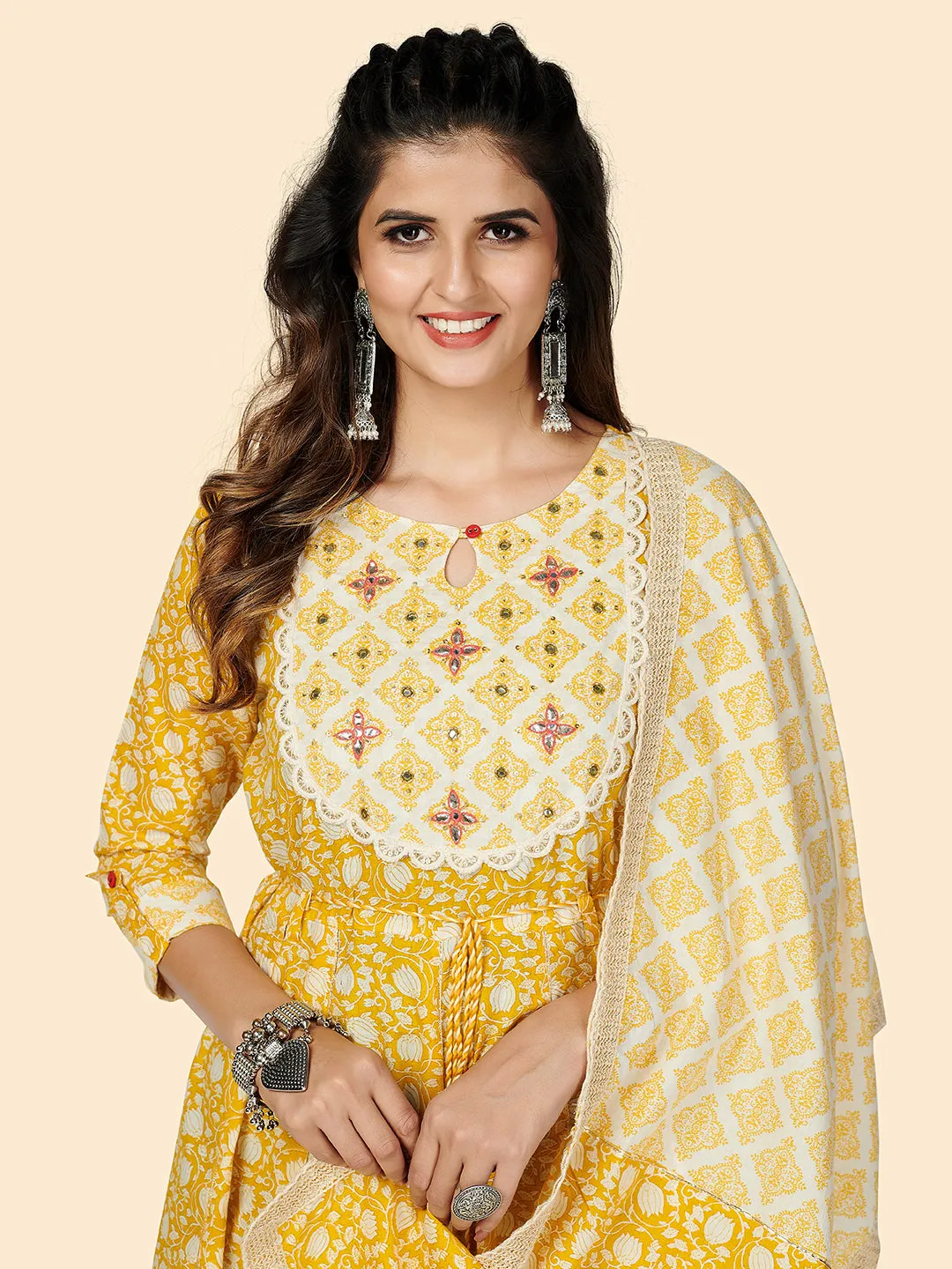 Women'S Yellow Anarkali Kurta & Pant With Dupatta- (3Pcs Set)