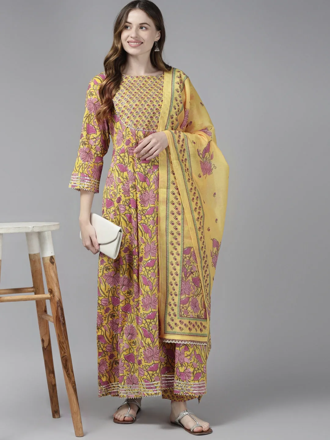 Yellow Hand Block Dupatta Set