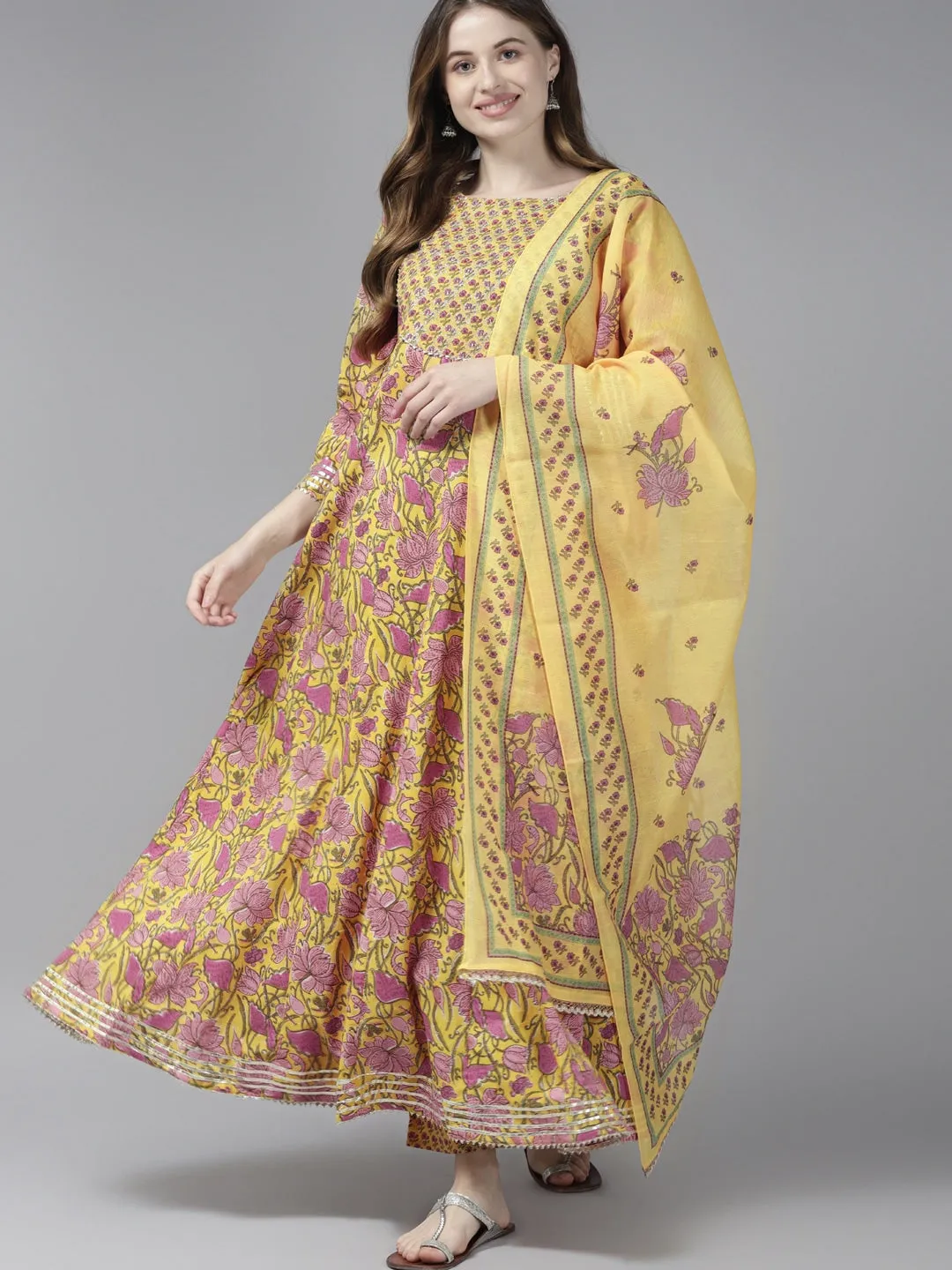 Yellow Hand Block Dupatta Set