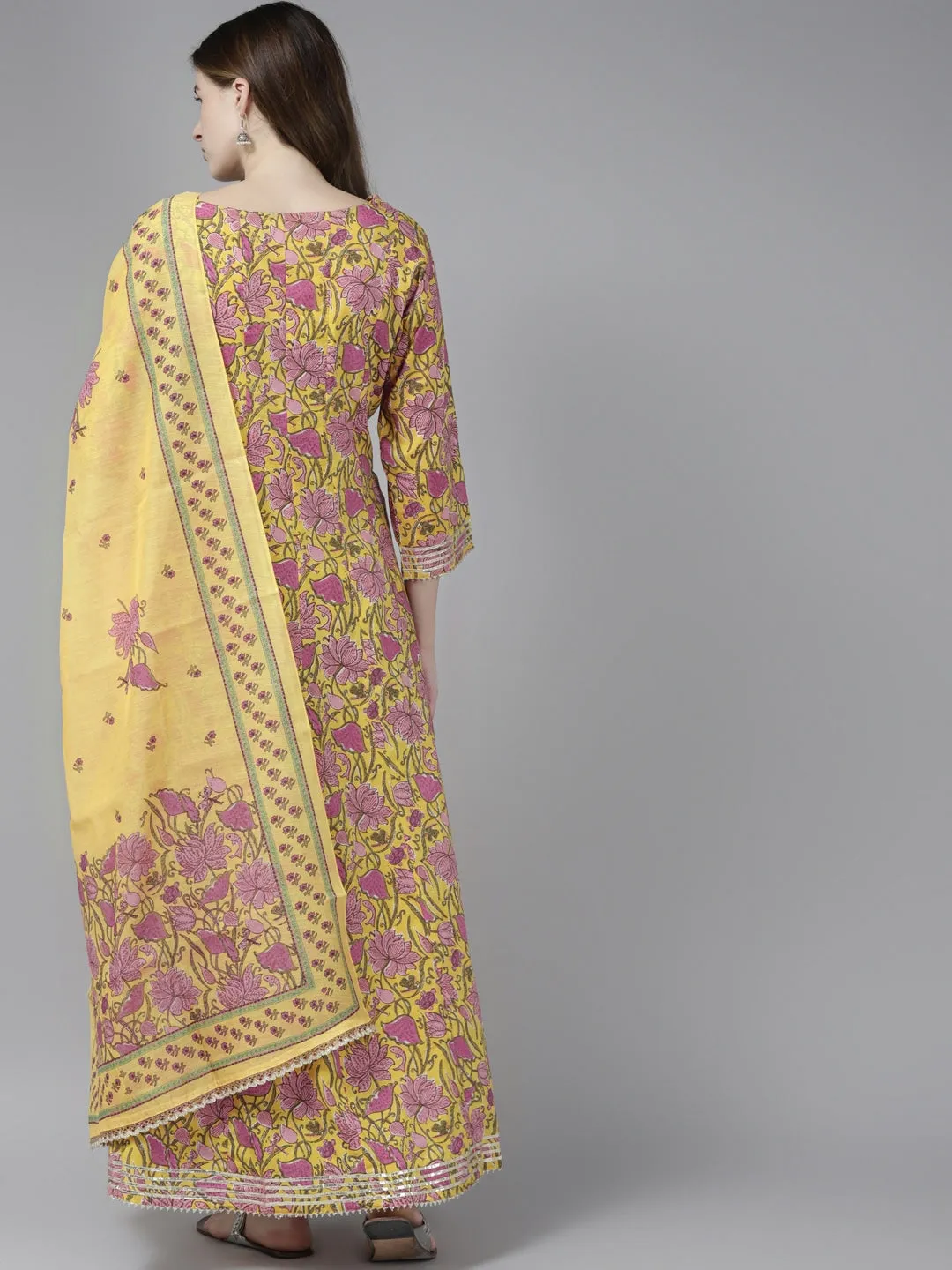 Yellow Hand Block Dupatta Set