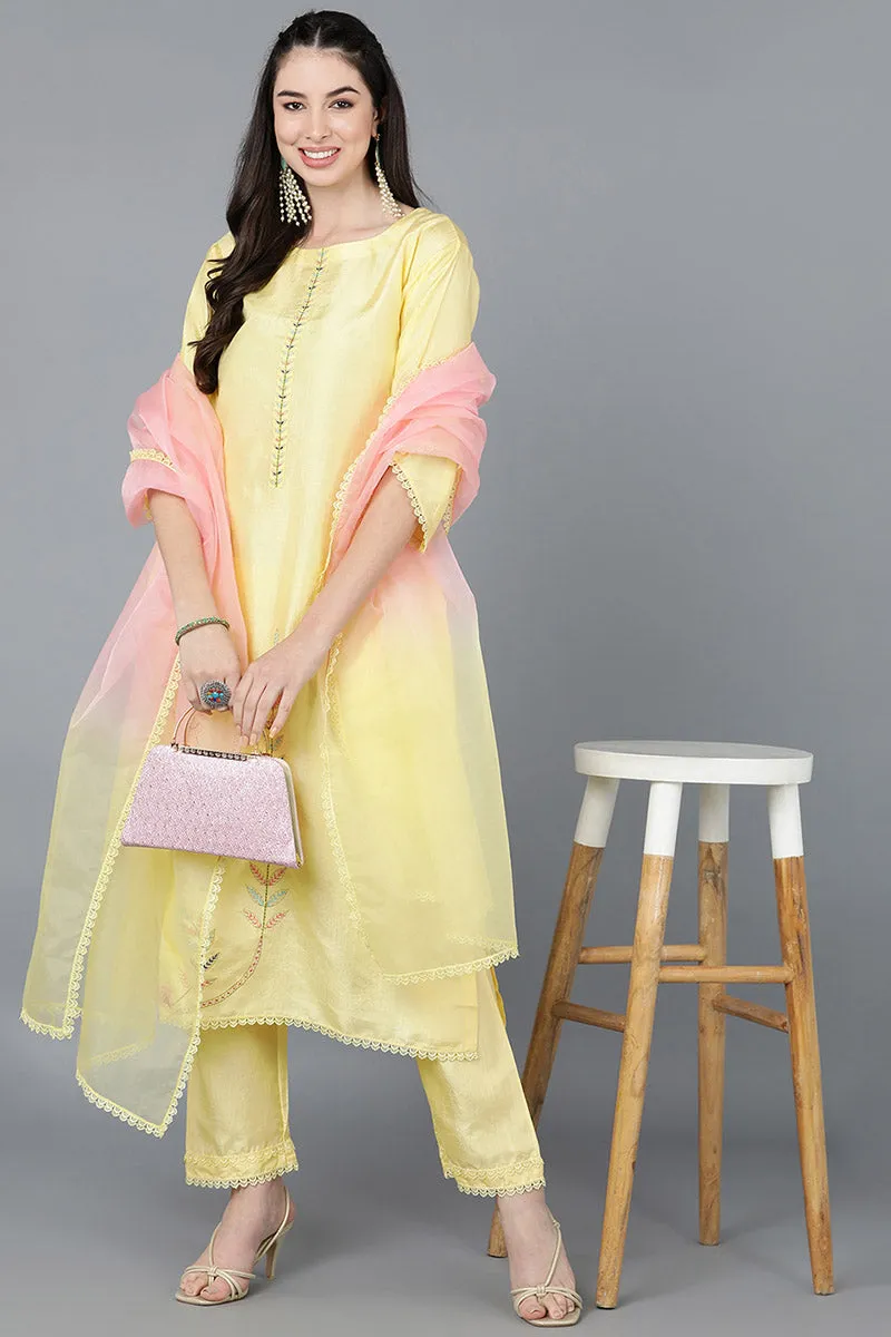 Yellow Poly Silk Straight Kurta Pant With Dupatta