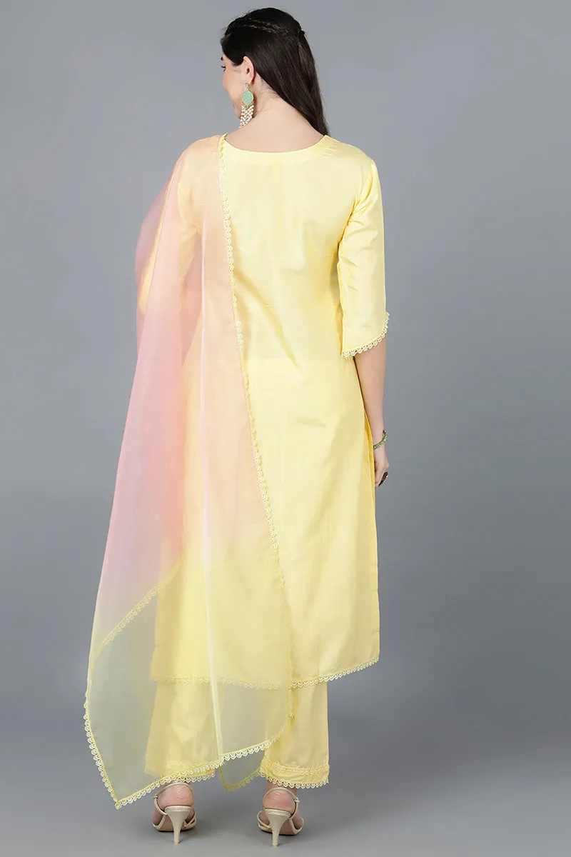 Yellow Poly Silk Straight Kurta Pant With Dupatta