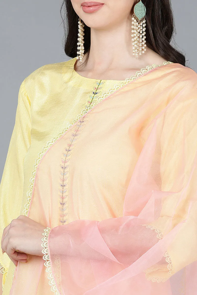 Yellow Poly Silk Straight Kurta Pant With Dupatta