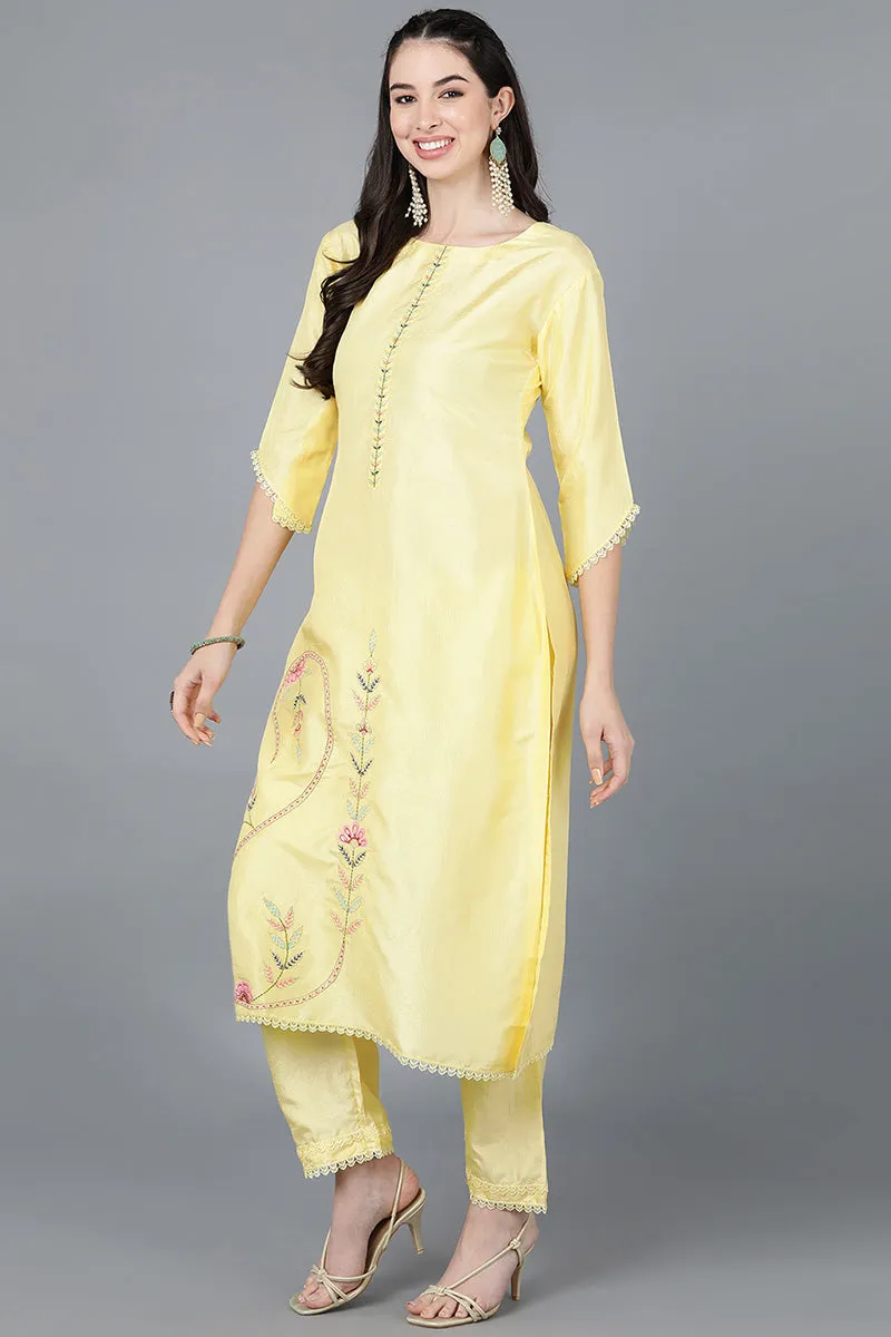 Yellow Poly Silk Straight Kurta Pant With Dupatta