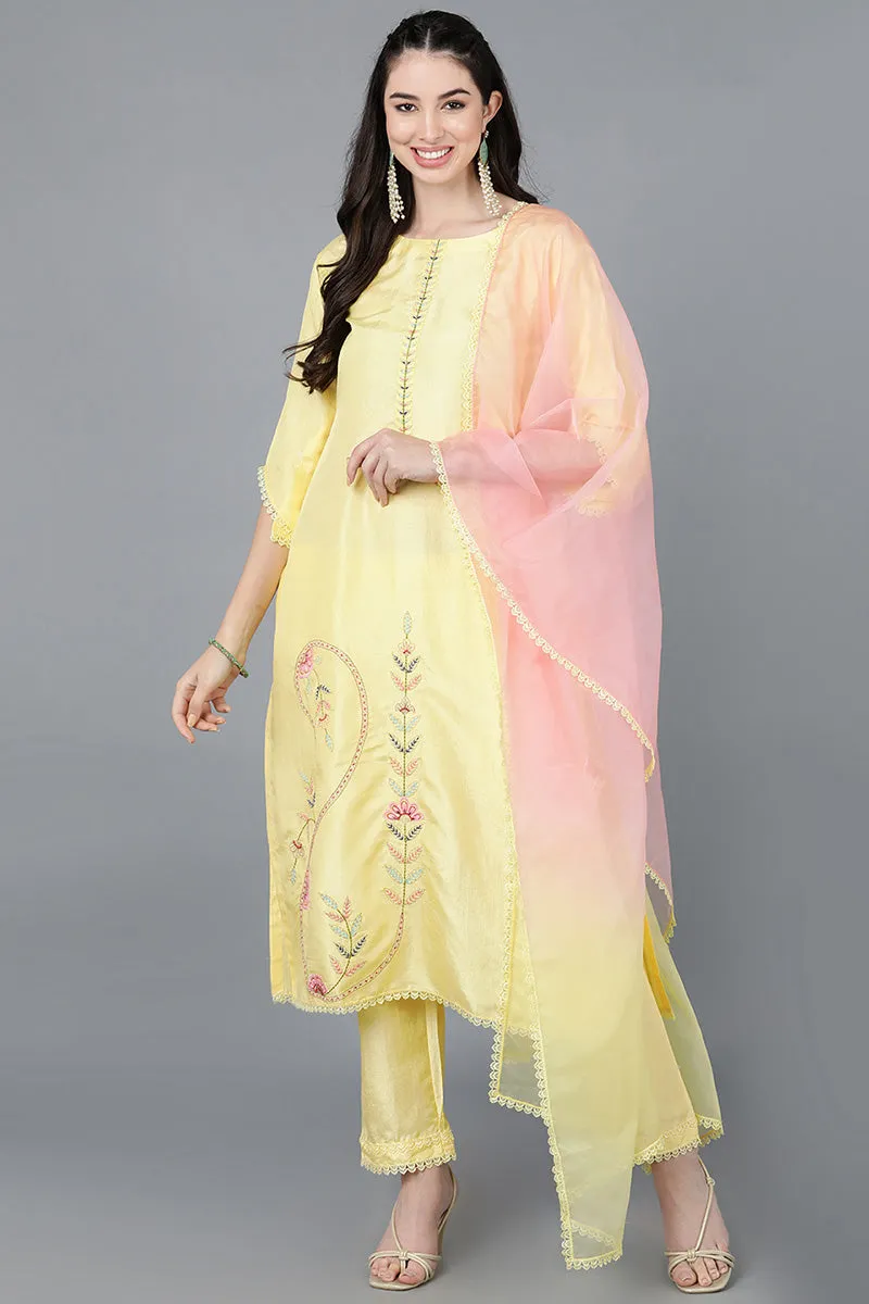 Yellow Poly Silk Straight Kurta Pant With Dupatta