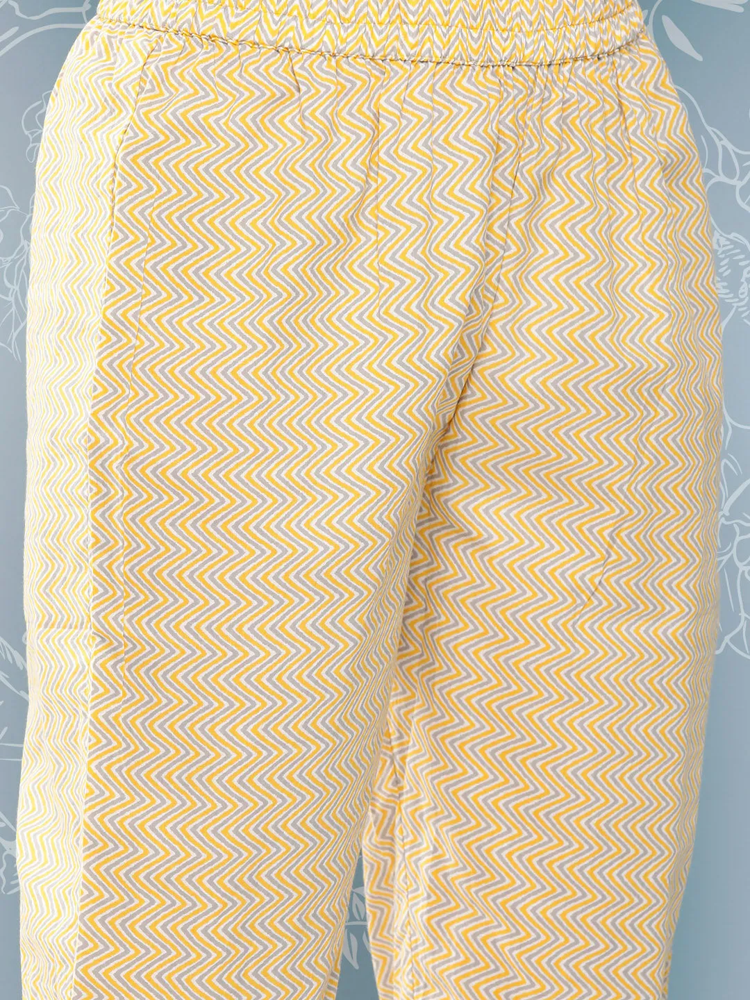 Yellow Printed Thread Work Pure Cotton Kurta With Trousers & Dupatta