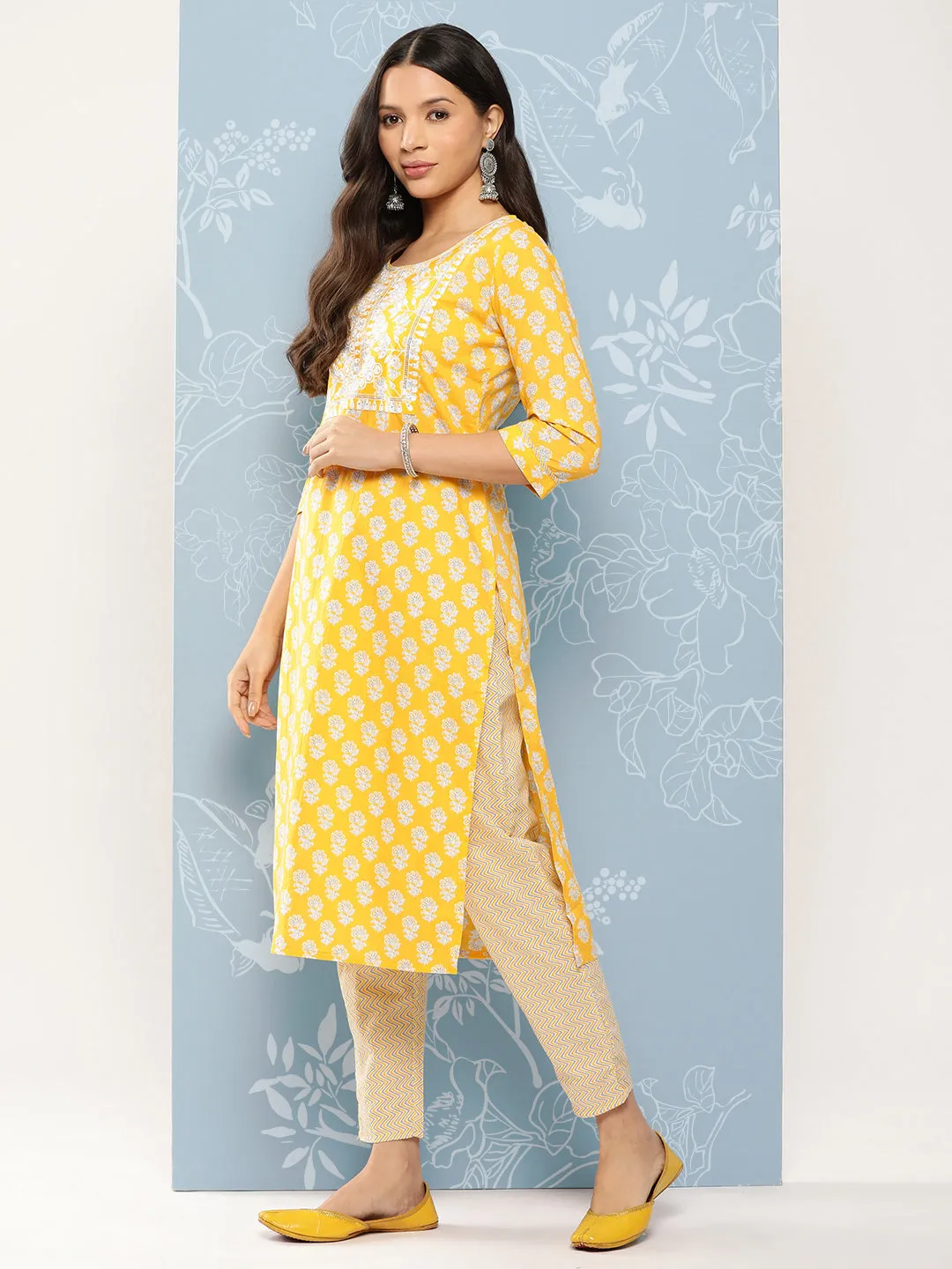 Yellow Printed Thread Work Pure Cotton Kurta With Trousers & Dupatta