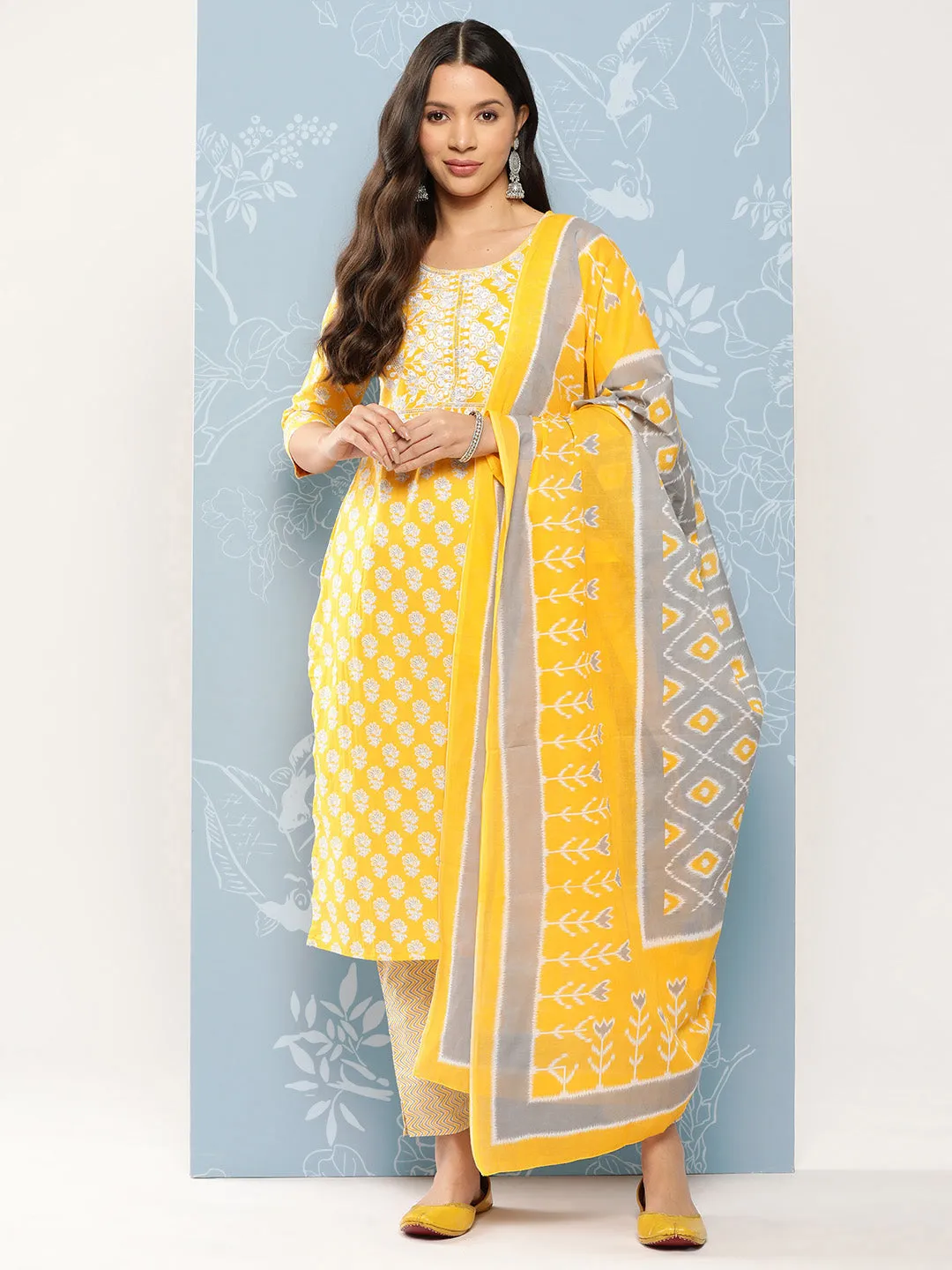 Yellow Printed Thread Work Pure Cotton Kurta With Trousers & Dupatta