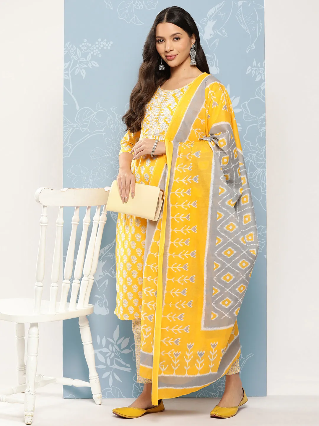 Yellow Printed Thread Work Pure Cotton Kurta With Trousers & Dupatta