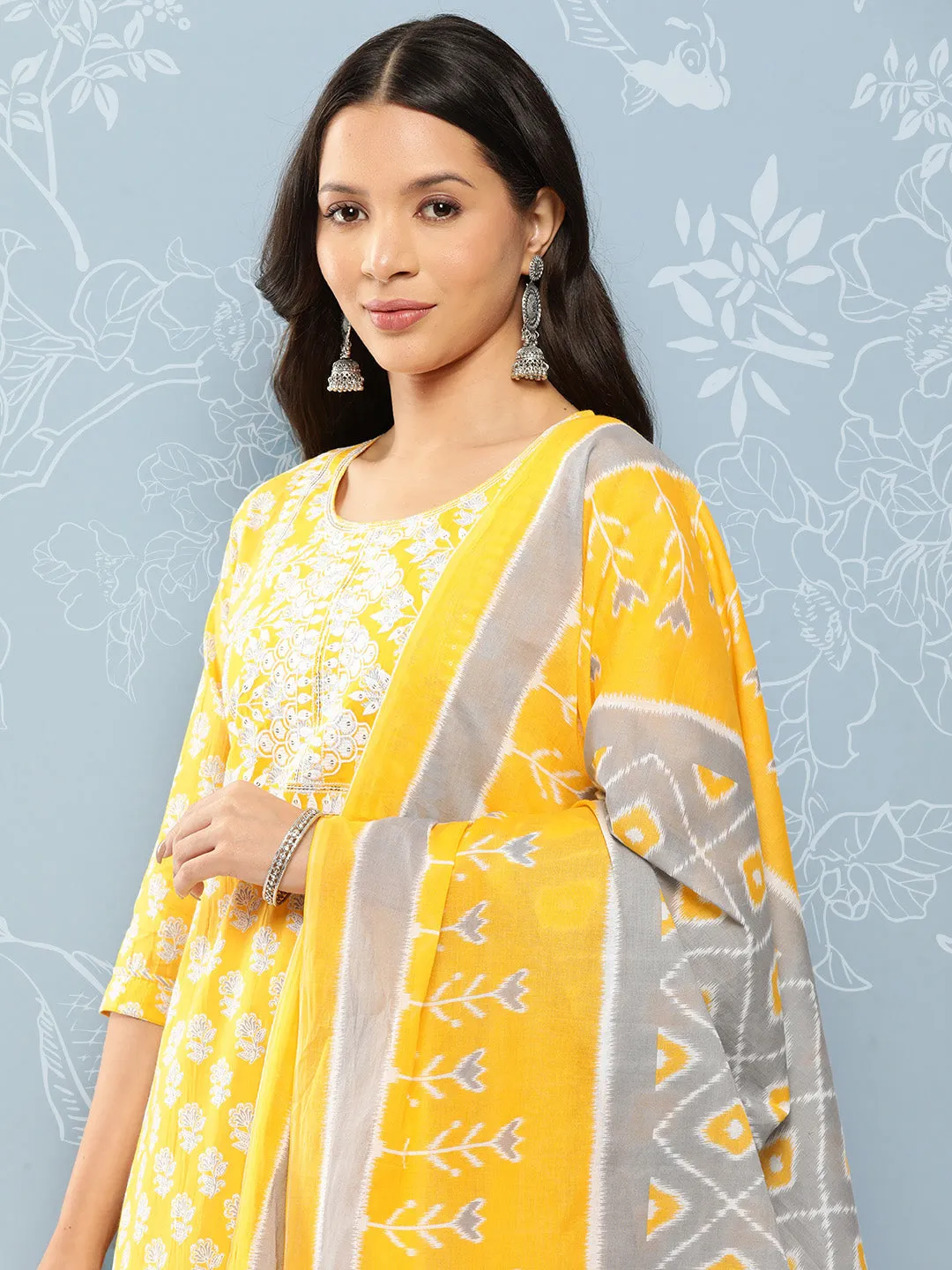 Yellow Printed Thread Work Pure Cotton Kurta With Trousers & Dupatta