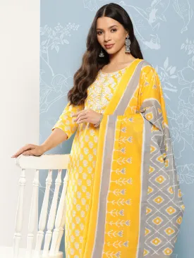 Yellow Printed Thread Work Pure Cotton Kurta With Trousers & Dupatta