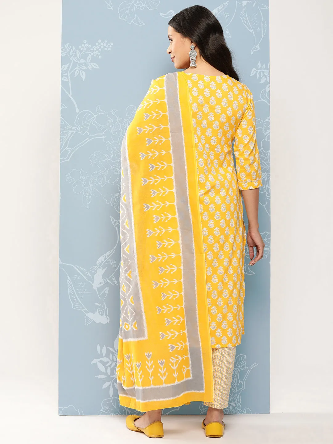 Yellow Printed Thread Work Pure Cotton Kurta With Trousers & Dupatta